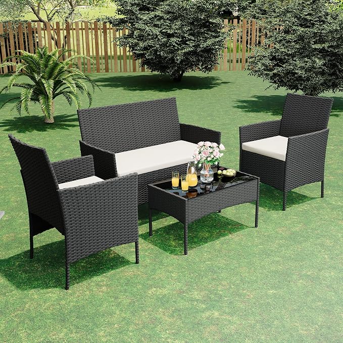 4 Pieces Patio Furniture Sets, Outdoor Wicker Conversation Sets with Soft Cushion and Glass Table, All Weather Manual Rattan Chairs for Garden, Terrace, Porch, Lawn, Poolside, Black and Beige