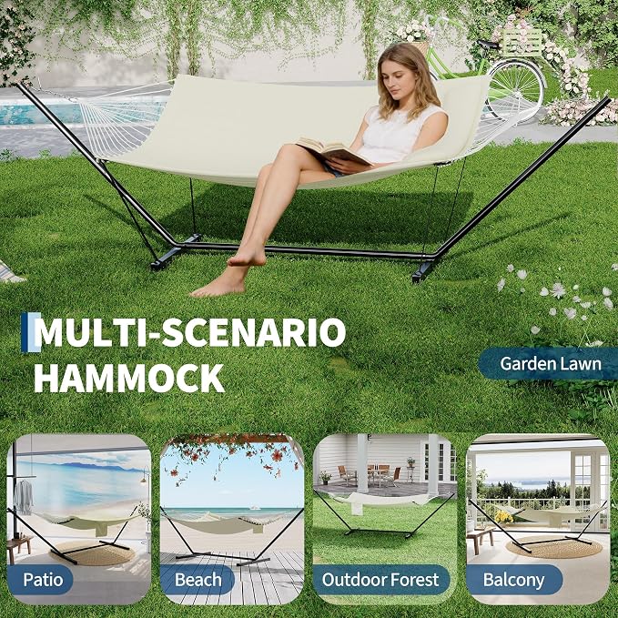 IDEALHOUSE Double Hammock with Stand, 2 Person Outdoor Hammock, 450 Lb Capacity, Pillow Included, 12 ft Stand for Patio, Backyard, Poolside, Beige