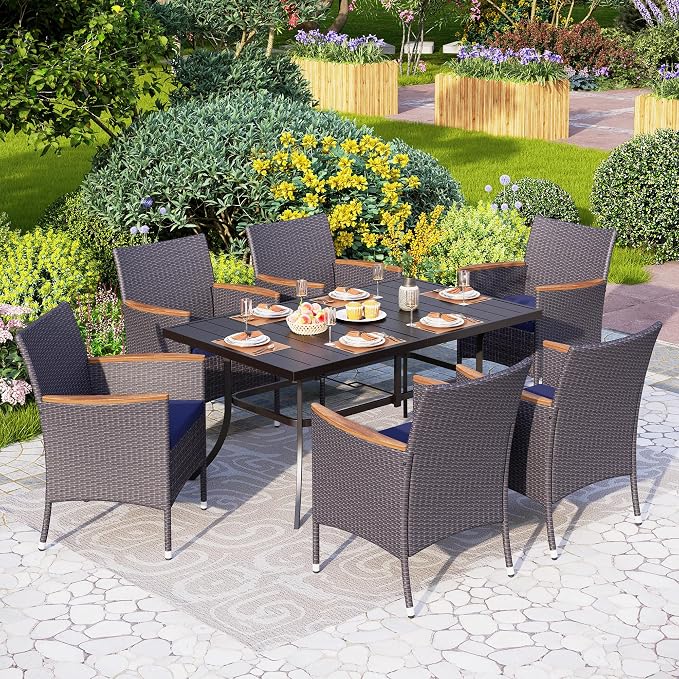 PHI VILLA 7 Piece Patio Dining Set, 60” Rectangular Table, Rattan Chairs | Outdoor Dining Set for 6, Metal Dining Table with Umbrella Hole, Wicker Chairs with Cushions for Patio, Deck, Yard, Porch