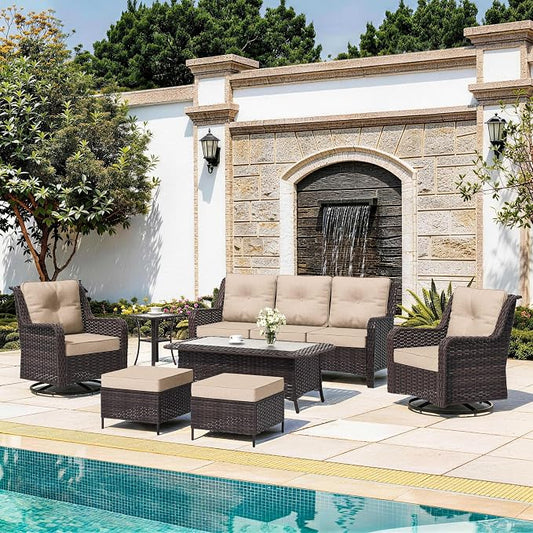 7-Piece Patio Furniture Set, Outdoor Thick Wicker Sectional Sofas with 2 Swivel Chairs, High Back Patio Sectional Couch, Outdoor Conversation Set for Backyard, Porch, Deck, Brown