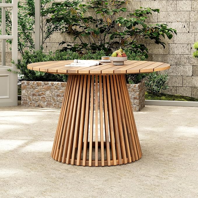 GDFStudio 47.25" Outdoor Round Dining Table,Weather-Resistant Acacia Wood Patio Center Table for Backyard, Lawn, Garden, Balcony, Courtyard, Easy Assembly Rustic Slatted Base Tables, 29.75 Light Teak