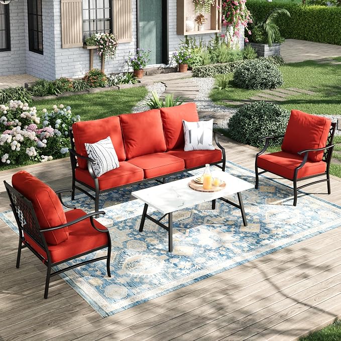 MIXPATIO Patio Furniture Set 4 pcs, Metal Outdoor Patio Furniture, 3-Seat Sofa, 2 Single Chairs, Coffee Table and 5.75" Extra Thick Cushion, Conversation Set for Backyard Deck, Red