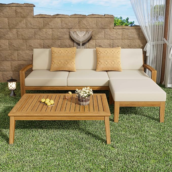 JIVOIT L-Shape Outdoor Furniture Set, 3-Piece Acacia Sectional Patio Sofa Set with 3-Seater Sofa, Coffee Table and Ottoman, Conversation Set for Garden, Poolside, Backyard