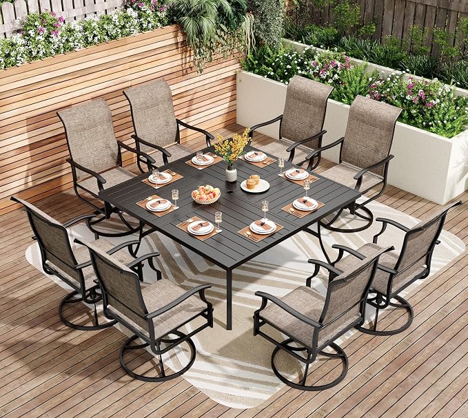 PHI VILLA Outdoor Dining Set for 8, Square Table & High Back Swivel Chairs | Padded Textilene, High back & Ergonomic, Metal table, Umbrella hole, Weather resistant, Heavy-duty, Patio backyard deck