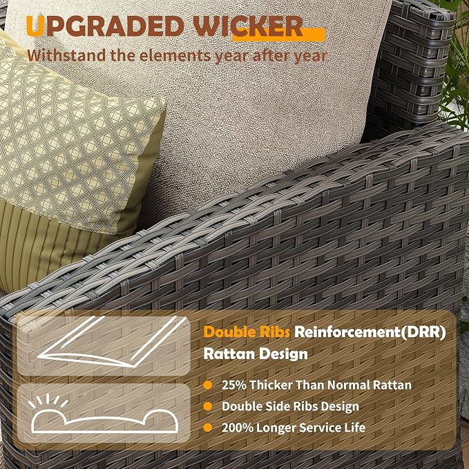 UDPATIO Patio Furniture Set, 5 Pieces Outdoor Sectional Sofa Set, All-Weather Wicker Rattan High Back Outdoor Conversation Set with Ottoman for Poolside, Backyard, Grey Wicker Khaki Cushion