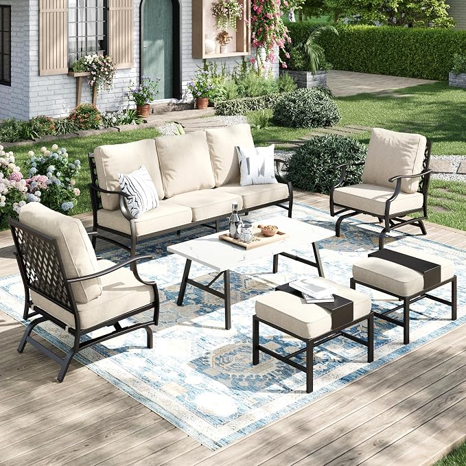 MIXPATIO Patio Furniture Set 6 pcs, Outdoor Patio Furniture, 3-Seat Sofa, 2 Rocking Chairs, 2 Ottomans, Coffee Table and 5.75" Extra Thick Cushion, Patio Conversation Set for Backyard Deck,Beige