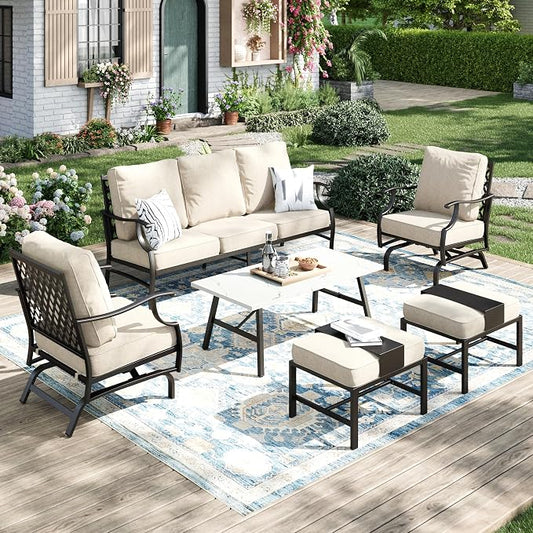 MIXPATIO Patio Furniture Set 6 pcs, Outdoor Patio Furniture, 3-Seat Sofa, 2 Rocking Chairs, 2 Ottomans, Coffee Table and 5.75" Extra Thick Cushion, Patio Conversation Set for Backyard Deck,Beige