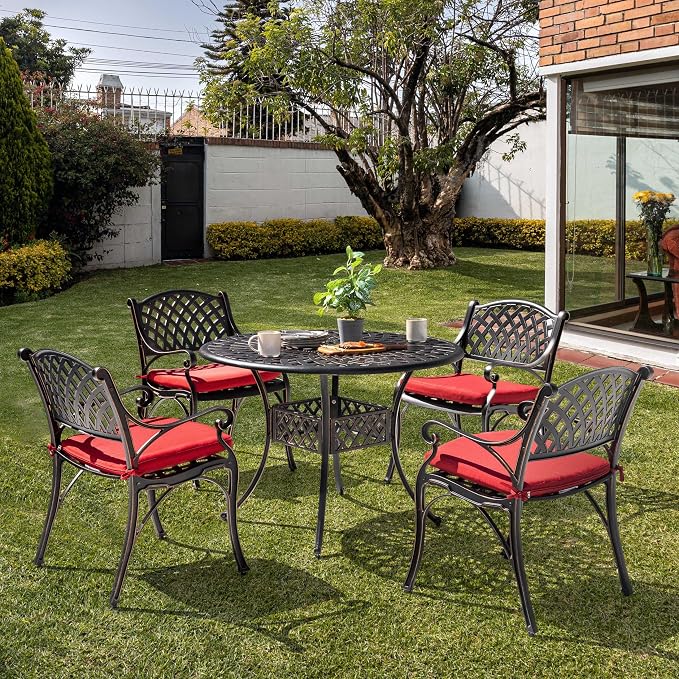 NUU GARDEN 5 Piece Patio Dining Set, Cast Aluminum Outdoor Dining Sets with Red Cushions, Round Patio Dining Table with Umbrella Hole for Garden, Backyard, Balcony, Black with Bronze Edge