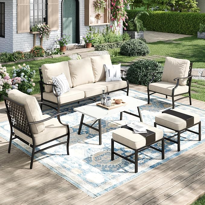 MIXPATIO Patio Furniture Set 6 pcs, Outdoor Patio Furniture, 3-Seat Sofa, 2 Single Chairs, 2 Ottomans, Coffee Table and 5.75" Extra Thick Cushion, Patio Conversation Set,Beige