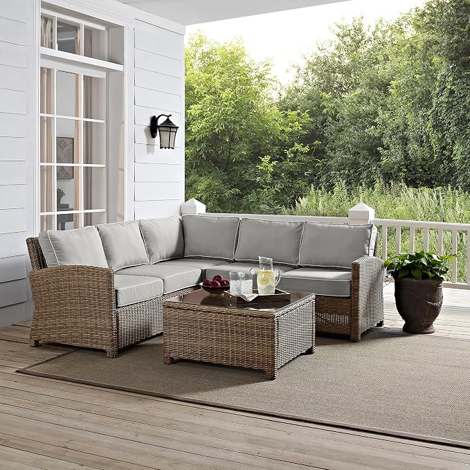 Crosley Furniture Bradenton 4-Piece Outdoor Sectional Sofa Wicker Conversation Patio Furniture Set for Deck, Brown with Gray Cushions