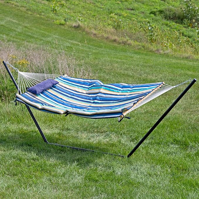 Sunnydaze Rope Double Hammock with Stand for Outside - Heavy Duty Freestanding Portable Outdoor Hammock Set with Quilted Pad, Pillow, and 12-Foot Steel Frame - 450 lb Capacity - Lakeview