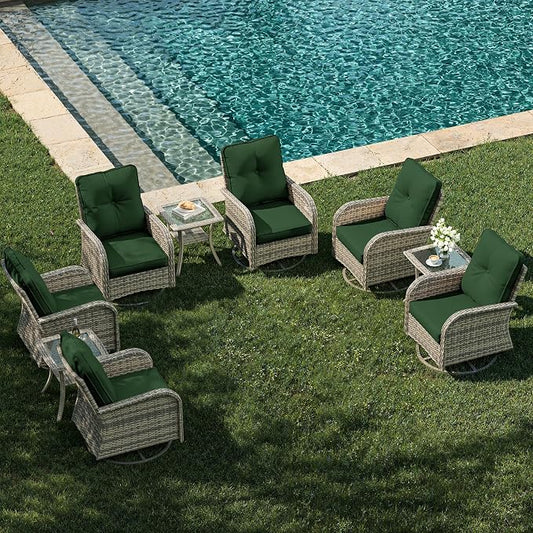 9-Piece Patio Rocking Swivel Chair Outdoor Wicker Rattan Bistro Set with Tempered Glass Side Table, Outdoor Patio Furniture Set for Garden, Deck, and Balcony, Green