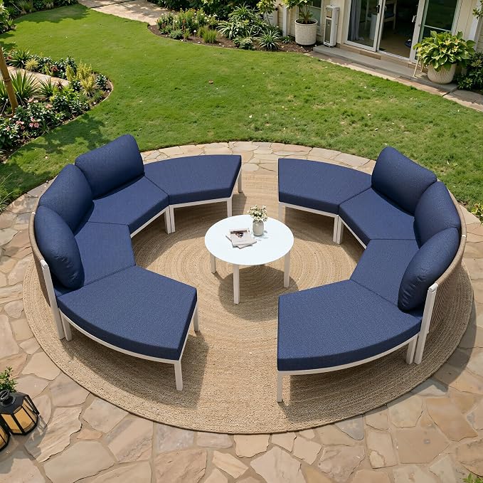 Crestlive Curved Patio Furniture Set, Modular Half Moon 8-Seater Sofa with Round Coffee Table, Aluminum Outdoor Sectional with 4.3" Cushions, All-Weather Couch for Backyard, Deck, Porch, Poolside