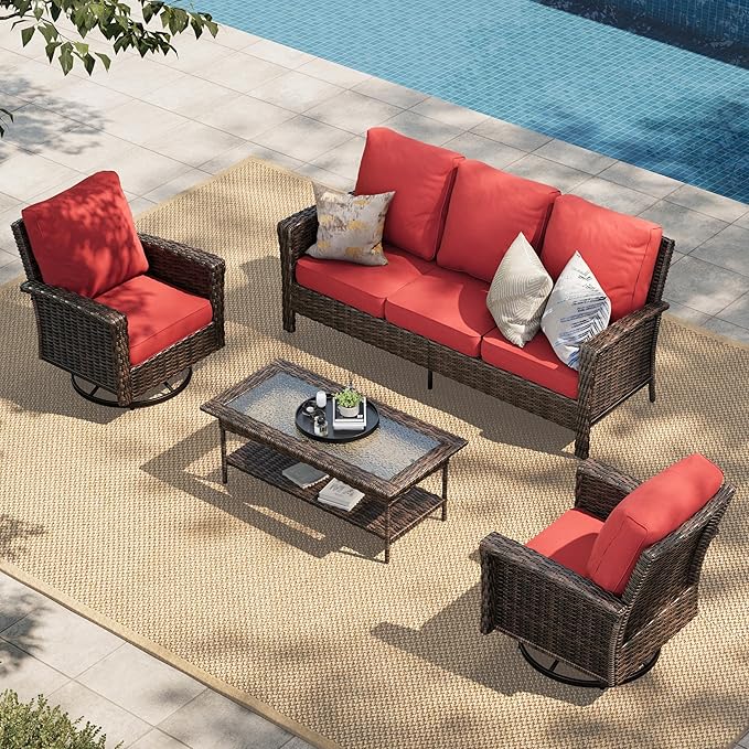 HERA'S HOUSE Patio Furniture Set with High Back Swivel Chairs, 4 Pieces Outdoor Wicker Rattan Conversation Sofa Sets with 5.5" Waterproof Thick Cushions for Deck Lawn Yard