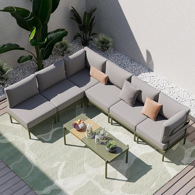 Sundale Outdoor 7 Pieces Metal Patio Furniture Set, Outdoor Sectional Sofa with 6 Inch Olefin Cushion, Modern Outdoor Conversation Sets for Backyard, Poolside, Sunroom (Grey/Green)