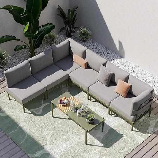 Sundale Outdoor 7 Pieces Metal Patio Furniture Set, Outdoor Sectional Sofa with 6 Inch Olefin Cushion, Modern Outdoor Conversation Sets for Backyard, Poolside, Sunroom (Grey/Green)