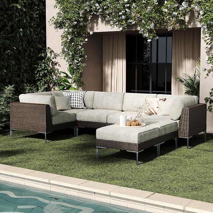 LayinSun 7-Piece Wicker Rattan Patio Furniture Set, Deep Seating Outdoor Modular Sectional Sofa Conversation Set with Thick Cushions for Lawn, Garden
