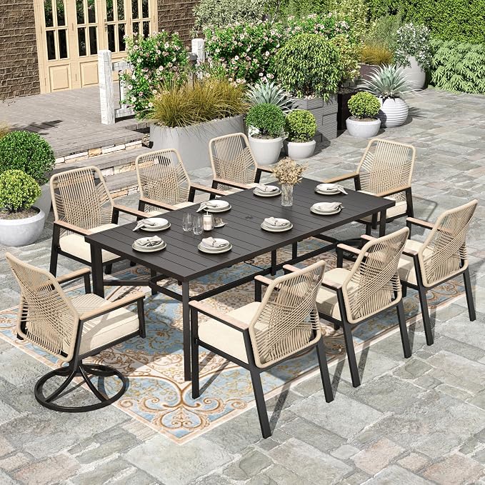 HERA'S HOUSE 9pc Patio Dining Set, 83" Metal Table & Swivel Rattan Chairs | Rectangle table with umbrella hole, 8 cushioned chairs. Waterproof, rust-resistant, all-weather for backyard, porch.