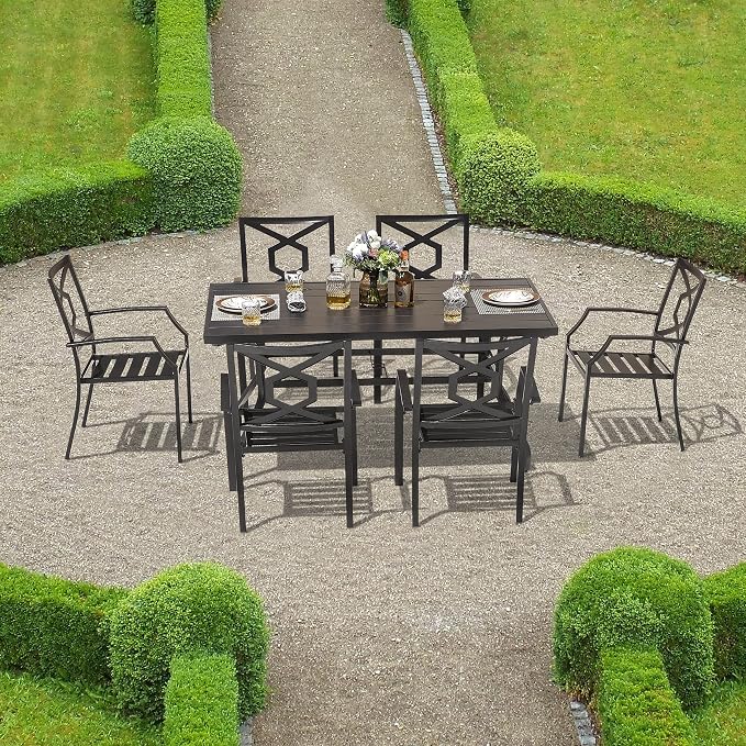 NUU GARDEN 7 Piece Outdoor Dining Set, 61” Rectangular Metal Dining Table with Umbrella Hole, Stackable Dining Chairs for Backyard, Deck, Yard, Garden, Black