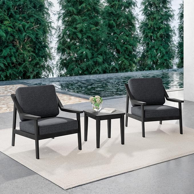 Outdoor Patio Furniture Set, 3 Piece Patio Conversation Sets with Washable Thick Cushions, All-Weather Solid Wood Patio Bistro Set for Porch, Balcony, Black Frame & Dark Gray Cushion