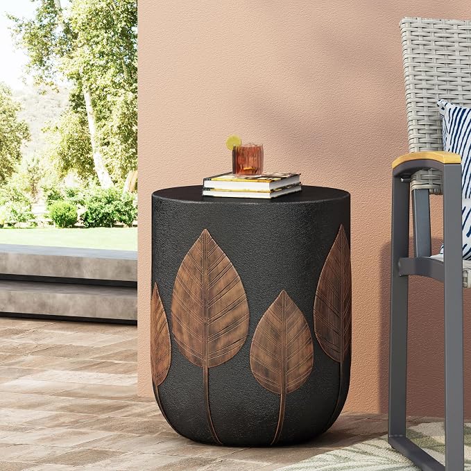 Outdoor Side Table Concrete End Table Round Drum Side Tables Vintage Small Coffee Tables for Indoor Outdoor,Garden Stool for Patio Porch Backyard,Cylinder, Black & Gold Leaves