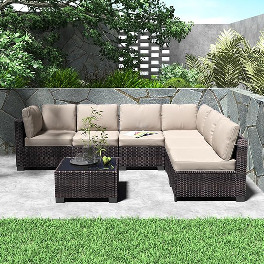 7 Piece Patio Furniture Set, Outdoor Modular Wicker Sectional Couch with Tempered Glass Coffee Table, All-Weather Rattan Conversation Set with Washable Cushions for Backyard, Garden, Deck
