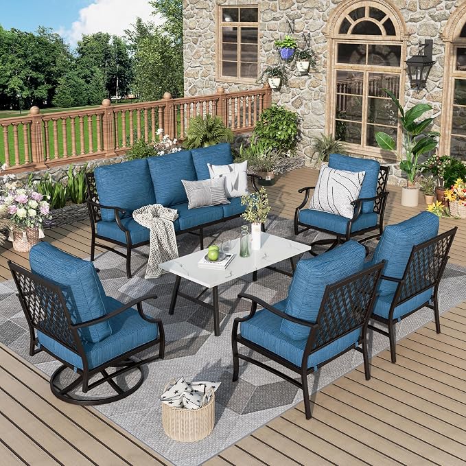 MIXPATIO Patio Furniture Set 6 pcs, Outdoor Patio Furniture, 1 X 3-Seat Sofa, 2 X Single Chairs, 2 X Swivel Chairs, 1 X Coffee Table and 5.75" Extra Thick Cushion, Patio Conversation Set,Gemstone Blue