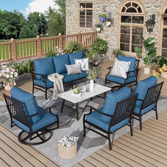 MIXPATIO Patio Furniture Set 6 pcs, Outdoor Patio Furniture, 1 X 3-Seat Sofa, 2 X Single Chairs, 2 X Swivel Chairs, 1 X Coffee Table and 5.75" Extra Thick Cushion, Patio Conversation Set,Gemstone Blue