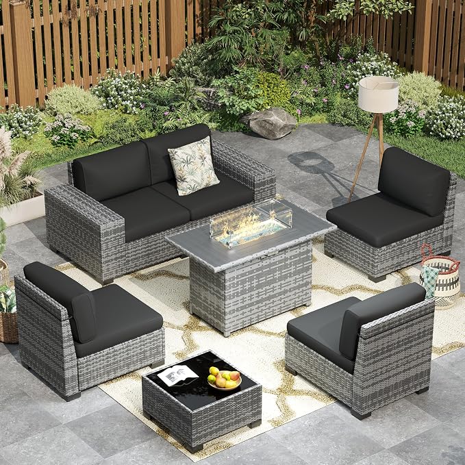 Outdoor Patio Furniture Set with Fire Pit Table, Wide Outdoor Sectional Rattan Sofa Set, Wicker Patio Conversation Set w/Cover for Deck, Poolside, Porch, 7 PC (Grey & Black)