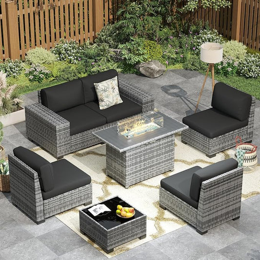 Outdoor Patio Furniture Set with Fire Pit Table, Wide Outdoor Sectional Rattan Sofa Set, Wicker Patio Conversation Set w/Cover for Deck, Poolside, Porch, 7 PC (Grey & Black)