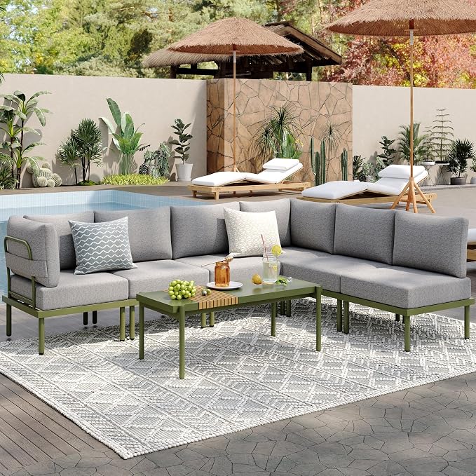 Sundale Outdoor 7 Pieces Metal Patio Furniture Set, Outdoor Sectional Sofa with 6 Inch Olefin Cushion, Modern Outdoor Conversation Sets for Backyard, Poolside, Sunroom (Grey/Green)