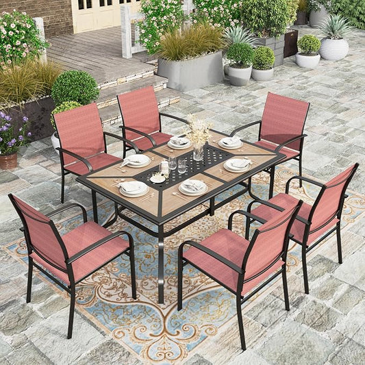 HERA'S HOUSE 7pc Patio Dining Set, Metal Table with PVC Top, Red Chairs | 61" rectangular table with umbrella hole, 6 textilene chairs. Waterproof, rust-resistant, all-weather for yard, porch