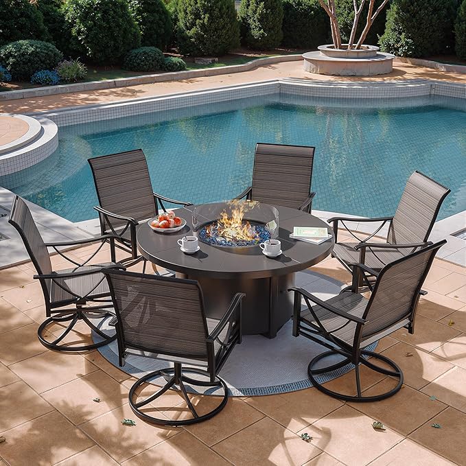 Kurapika 7 Piece Outdoor Conversation Sets, Patio Furniture Set, 6 Textilene Fabric Swivel Chairs and w/48in Propane Round Fire Pit Table for Deck Garden Backyard Porch,Brown