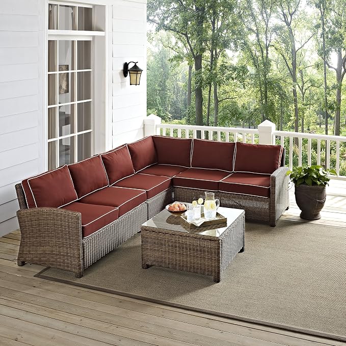 Crosley Furniture Bradenton 5-Piece Outdoor Sectional Sofa Wicker Conversation Patio Furniture Set for Deck, Brown with Sangria Cushions