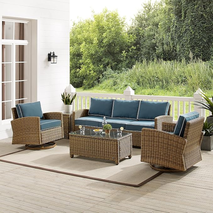 Crosley Furniture Bradenton 5-Piece Wicker Outdoor Sofa and Swivel Rocker Patio Furniture Set for Porch, Brown with Navy Cushions
