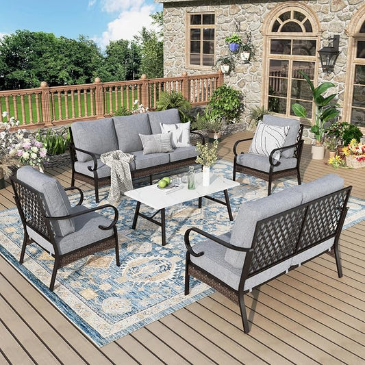 MIXPATIO Patio Furniture Set with Coffee Table, Outdoor Conversation Set with 2 x Fixed Chairs, 1 x 2-Seat Sofa, 1 x 3-Seat Sofa for Lawn Garden Backyard, Grey