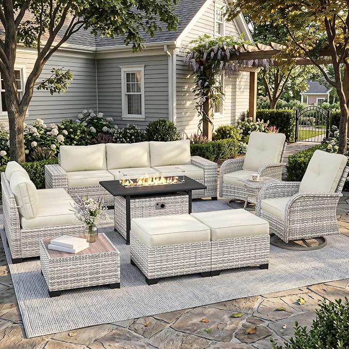 12-Piece Outdoor Patio Furniture Set with Rocking Swivel Chair, PE Wicker Rattan Sectional Sofa 55,000 BTU Fire Pit Table Patio Conversation Set with Ottomans and Chunky Arms,