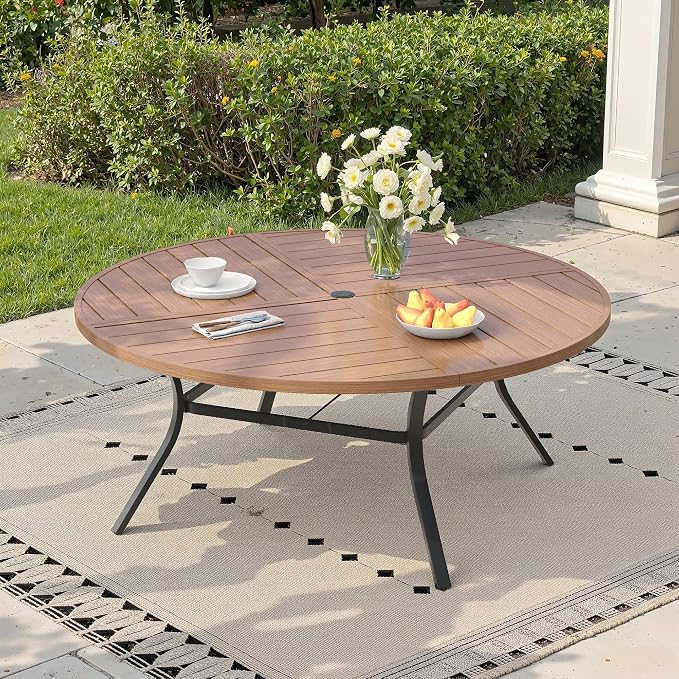 60" Outdoor Dining Table with Adjustable Umbrella Hole, Metal Slatted Round Patio Dining Table for Backyard Garden Deck, Walnut