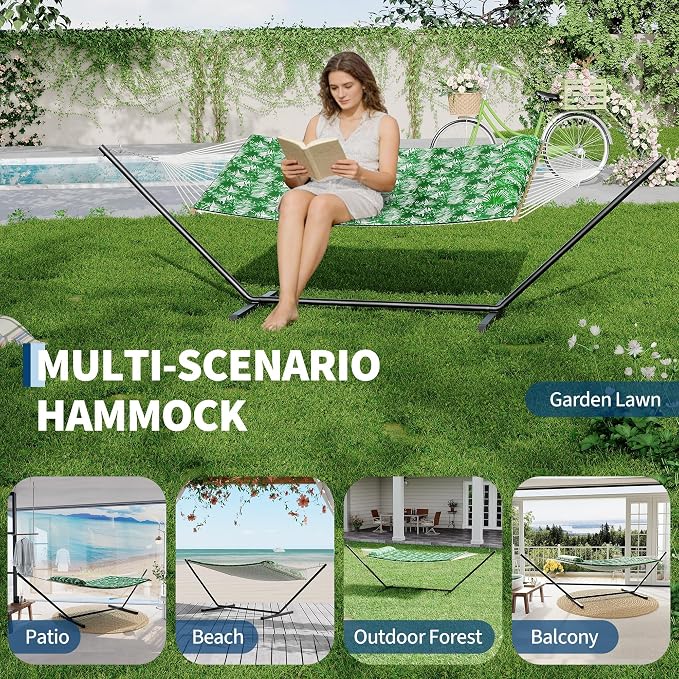 Double Hammock with Stand, Curved Bar Design, 2 Person Large Hammock with 450LBS Capacity, Indoor & Outdoor Hammock with Stand for Backyard, Patio, Garden, Beach & Camping-Light blue and green stripes