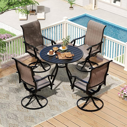 LVUYOYO 5-Piece Outdoor Patio Dining Set, Textilene Swivel Chairs & Round Table Set, All-Weather Table and Chairs Set with Umbrella Hole for Backyard, Garden,Balcony,Porch (Brown)