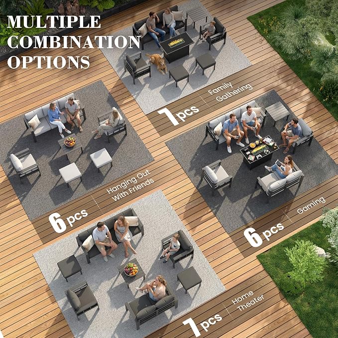 UDPATIO Aluminum Outdoor Furniture Set with Fire Pit Table, 6 Pieces All-Weather & UV-Resistant Patio Sectional Sofa Set for Deck, Backyard, Poolside, Dark Gray