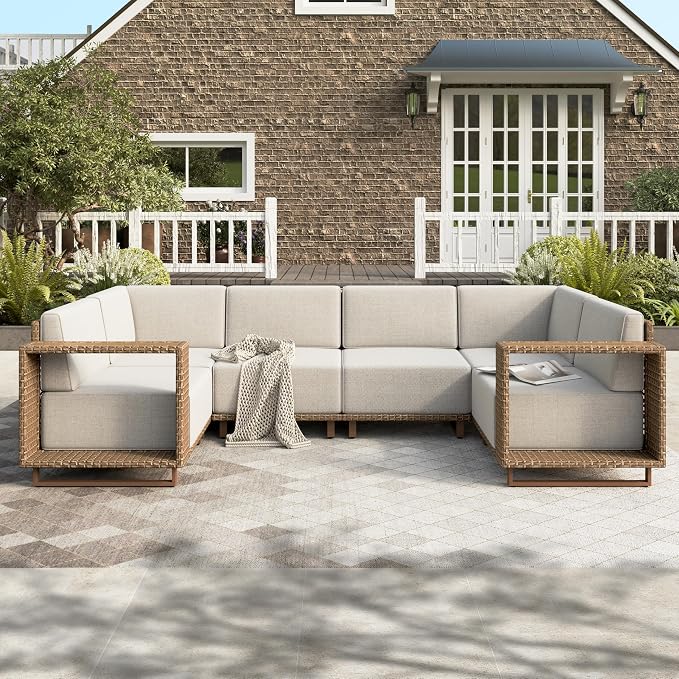 HERA'S HOUSE Patio Furniture Set, Outdoor Sectional Wicker Sofa, 6-Seat Yellow Rattan Conversation Set with 5.3" Widened Armrest, 10" Thick Comfy Cushion, Low Profile Lawn Garden Deck Pool Furniture