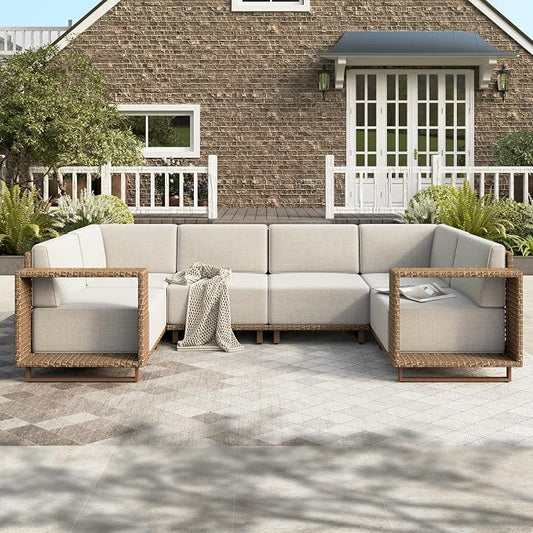 HERA'S HOUSE Patio Furniture Set, Outdoor Sectional Wicker Sofa, 6-Seat Yellow Rattan Conversation Set with 5.3" Widened Armrest, 10" Thick Comfy Cushion, Low Profile Lawn Garden Deck Pool Furniture