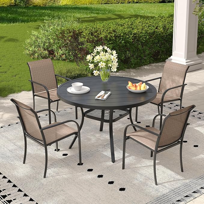 5 Pieces Outdoor Dining Set, Stackable Textilene Paito Chairs & 40.6" Round Dining Table with Umbrella Hole and Shelf, Patio Dining Set for Backyard, Deck, Garden, Brown & Black