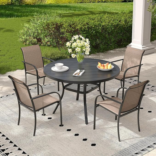5 Pieces Outdoor Dining Set, Stackable Textilene Paito Chairs & 40.6" Round Dining Table with Umbrella Hole and Shelf, Patio Dining Set for Backyard, Deck, Garden, Brown & Black