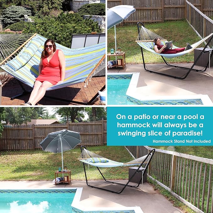 Sunnydaze Set of 2 Outdoor Quilted Fabric Hammocks - 2-Person Hammock with Spreader Bars – Red Stripe and Blue/Green Stripe