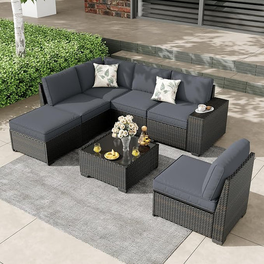 7 Pieces Patio Furniture Set, Wicker Outdoor Conversation Sets with Tea Table, Rattan Patio Sofa with Thick Cushions for Garden, Backyard Porch, Poolside, Party, Gray
