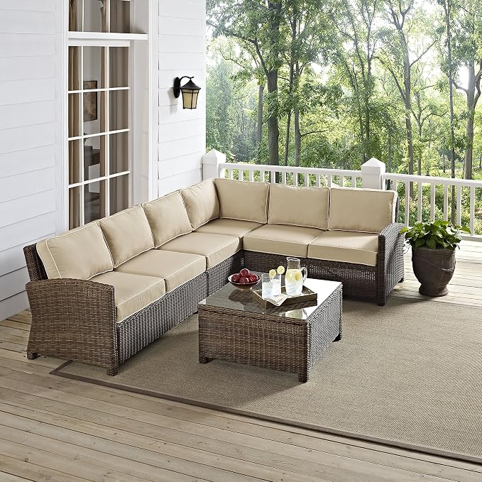 Crosley Furniture Bradenton 5-Piece Outdoor Sectional Sofa Wicker Conversation Patio Furniture Set for Deck, Brown with Sand Cushions