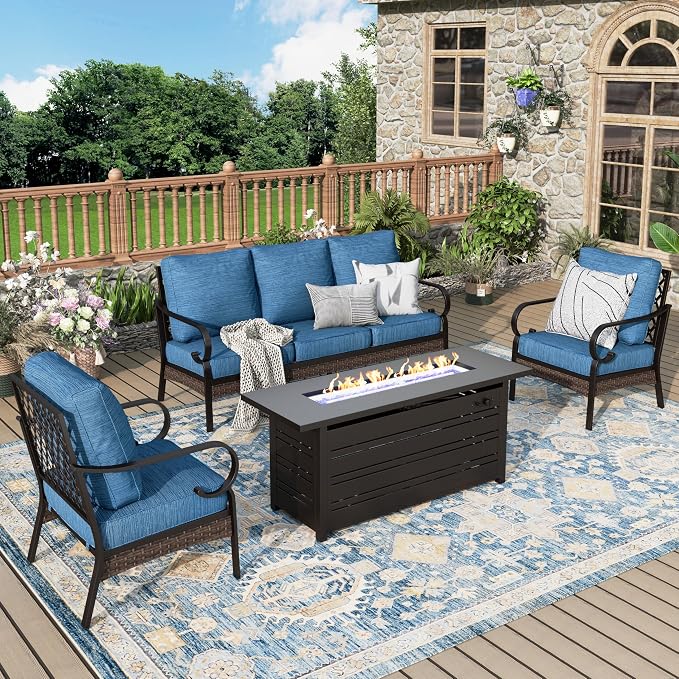 MIXPATIO Patio Furniture Set with Firepit Table, Black Frame Outdoor Conversation Set with 2 x Fixed Chairs, 1 x 3-Seat Sofa for Lawn Garden Backyard, Pacific Blue