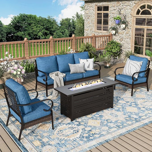 MIXPATIO Patio Furniture Set with Firepit Table, Black Frame Outdoor Conversation Set with 2 x Fixed Chairs, 1 x 3-Seat Sofa for Lawn Garden Backyard, Pacific Blue